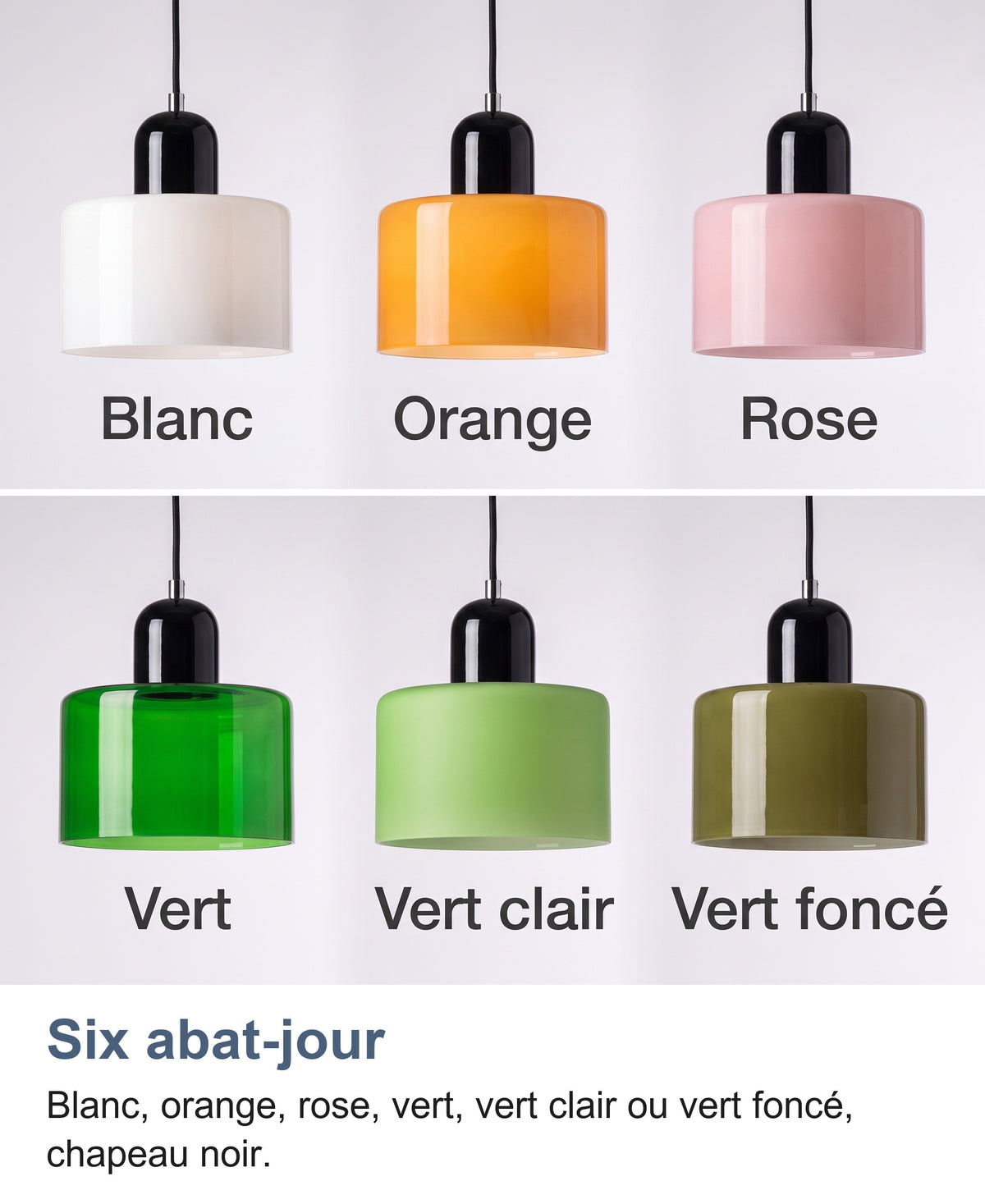 Les six abat-jour de la suspension, chapeau noir : blanc, orange, rose, vert, vert clair et vert foncé