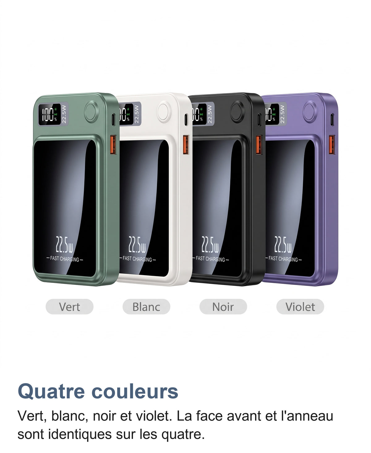 Les quatre couleurs de la batterie externe: vert, blanc, noir et violet