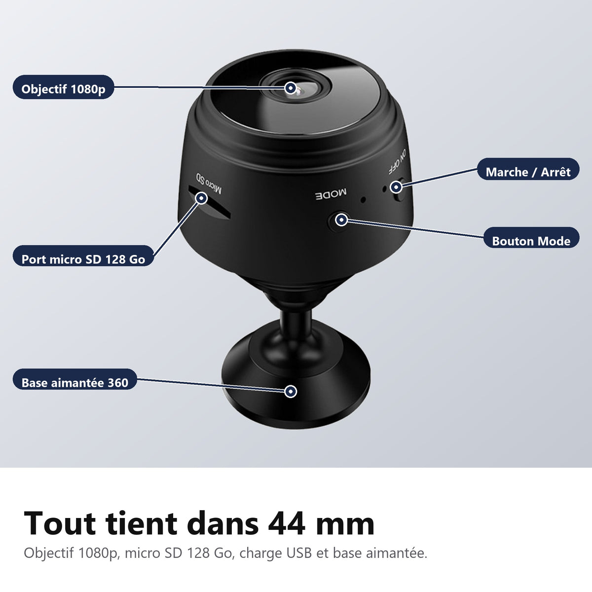 Objectif 1080p, micro SD 128 Go, base aimantee