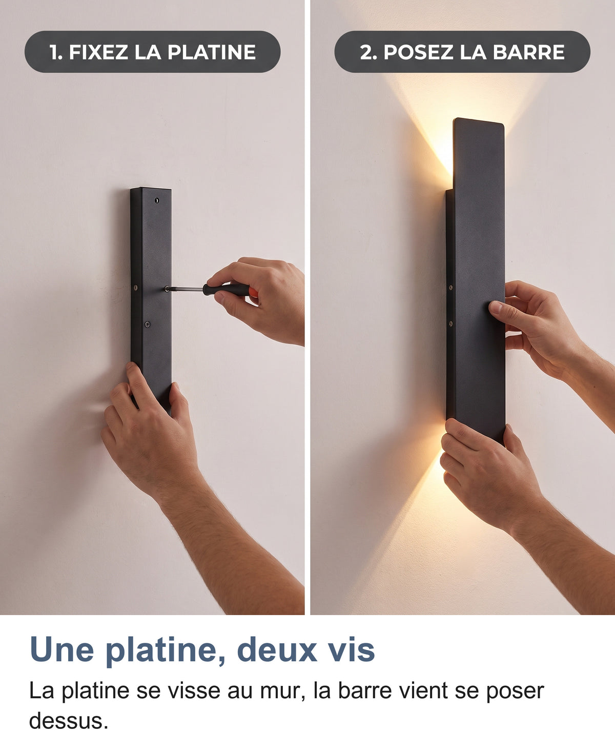 Pose en deux étapes : fixer la platine au mur, puis poser la barre dessus