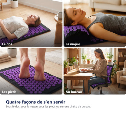 Quatre façons d'utiliser le tapis d'acupression : le dos, la nuque, les pieds, au bureau