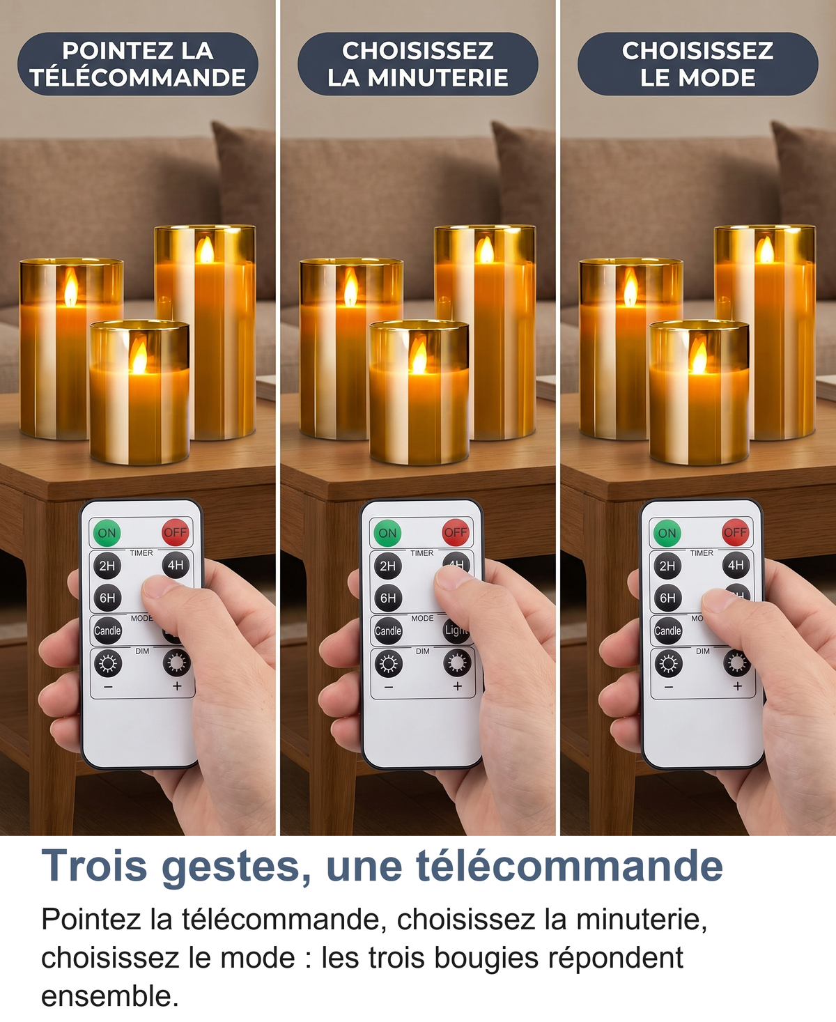Télécommande fournie : pointer, choisir la minuterie, choisir le mode