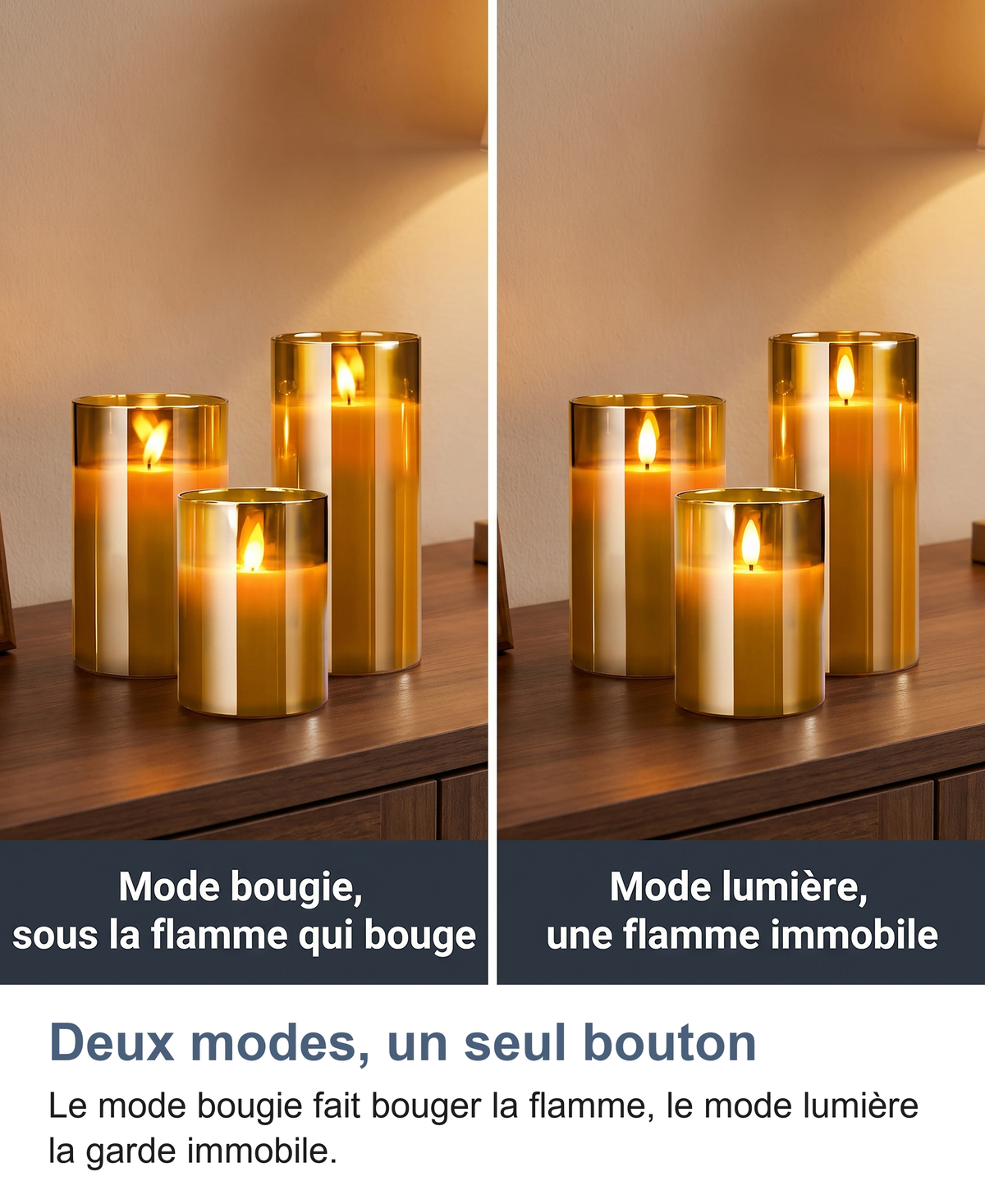 Mode bougie à flamme mobile et mode lumière à flamme immobile