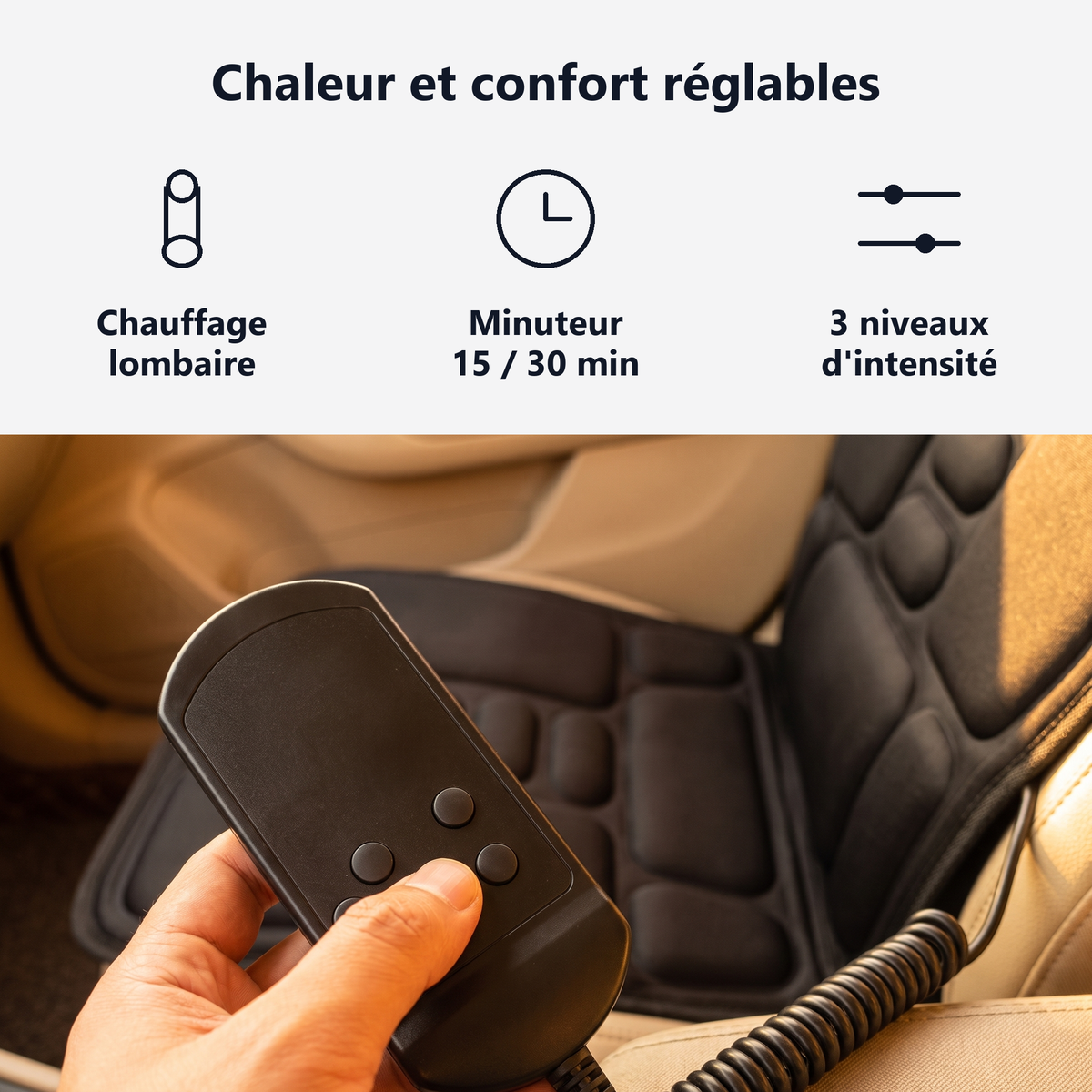 Réglages de chauffage, minuterie et intensité du coussin de massage