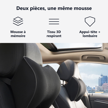 Deux pièces, une même mousse : mousse à mémoire, tissu 3D respirant, appui-tête et lombaire