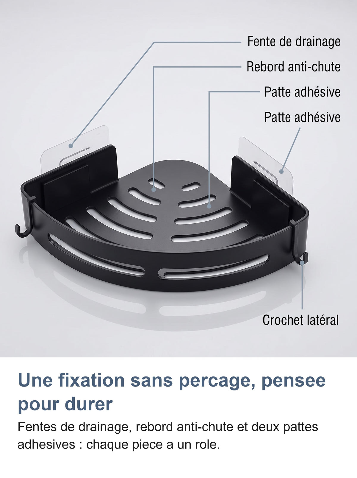 Étagère de douche avec callouts sur les fentes de drainage et les pattes adhésives