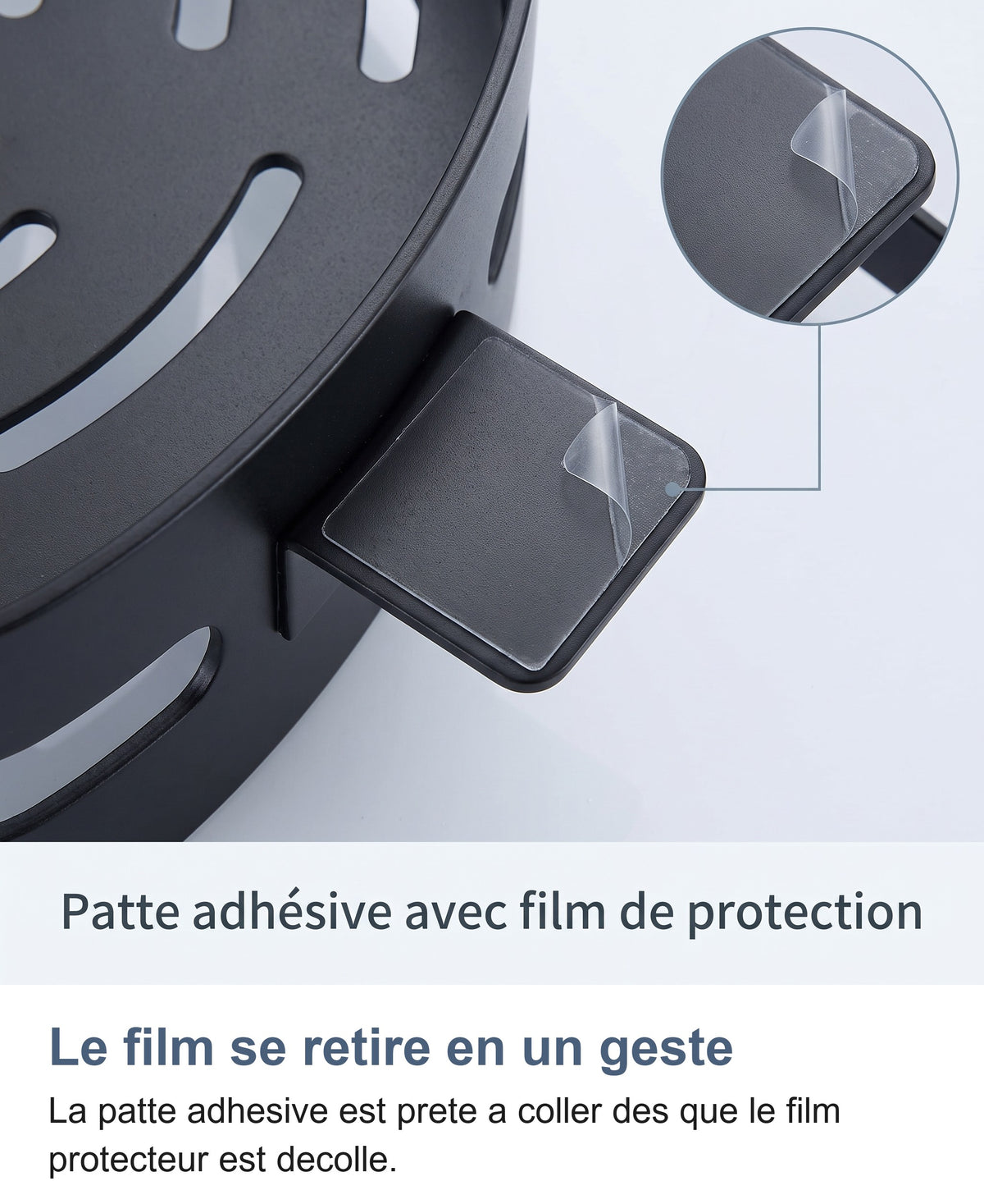Macro de la patte adhésive avec film de protection de l'étagère de douche