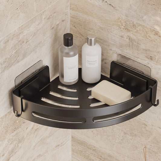 Étagère de douche d'angle en métal noir mat avec flacons
