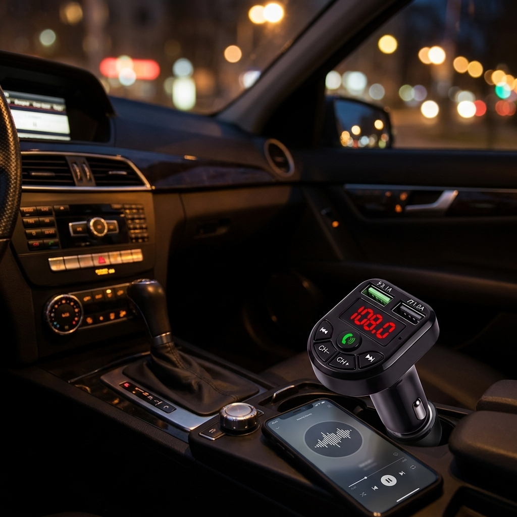 Transmetteur FM Bluetooth allumé la nuit dans la voiture, écran rouge visible, téléphone avec la musique en cours