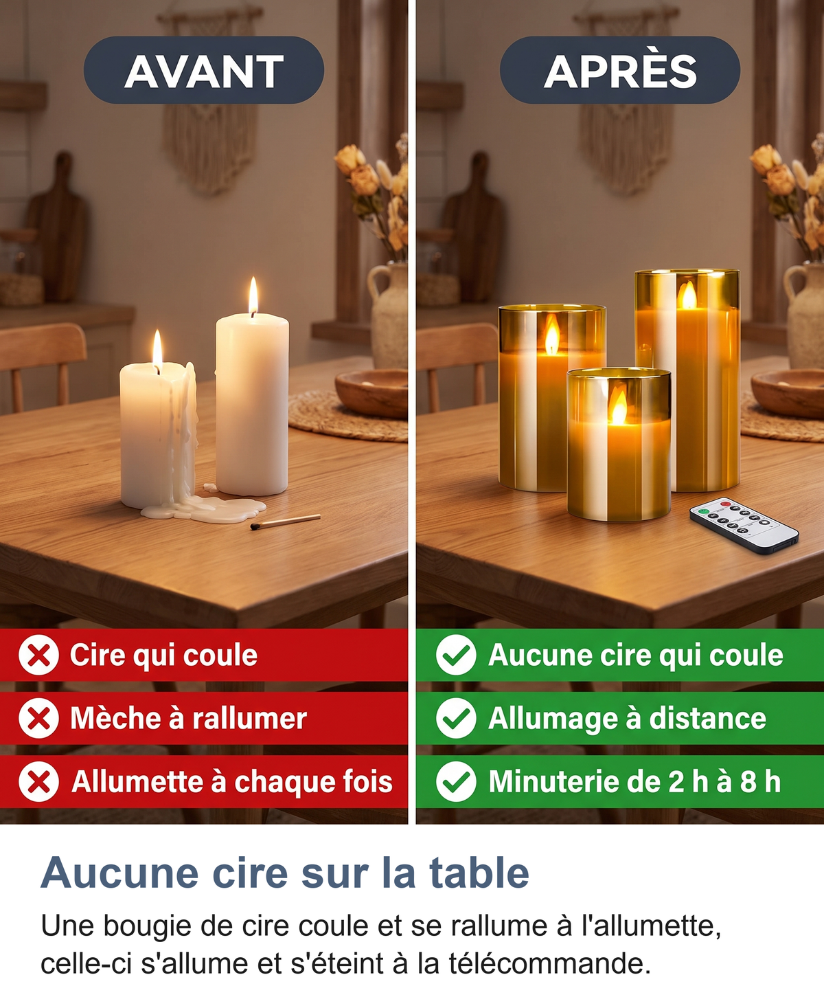 Avant / après : plus de cire qui coule, allumage à distance