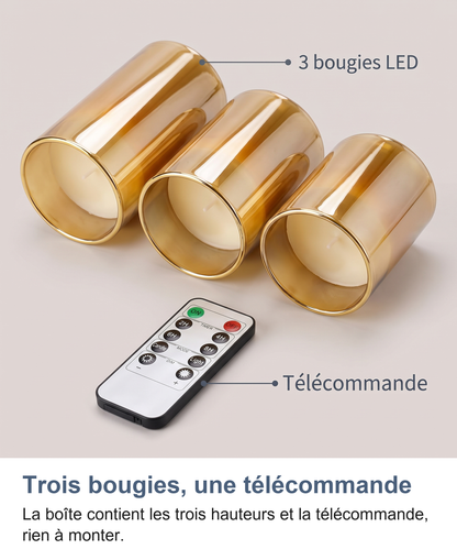 Contenu du lot : trois bougies LED et une télécommande