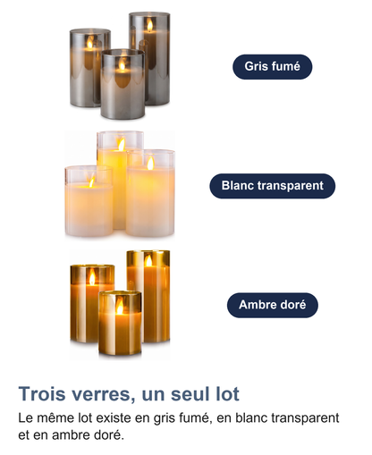 Les trois coloris de verre : gris fumé, blanc transparent, ambre doré