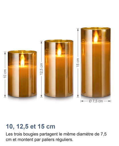 Dimensions des trois tailles de bougies LED : 10, 12,5 et 15 cm, diamètre 7,5 cm