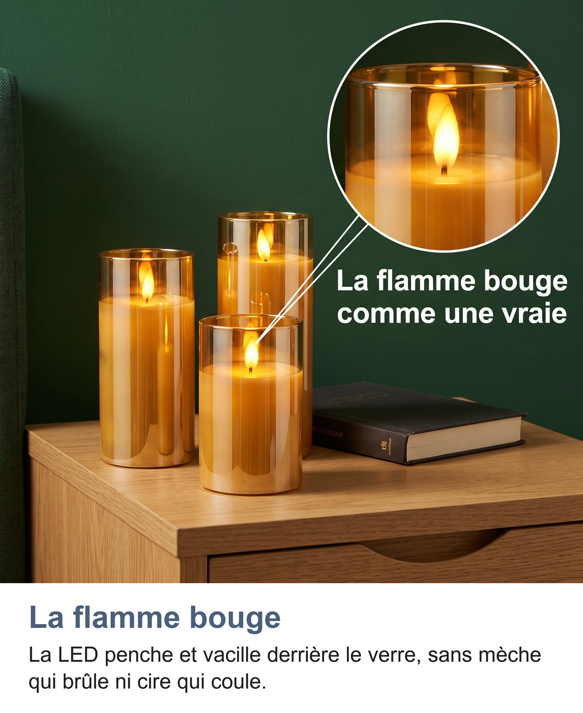 Zoom sur la flamme LED qui bouge comme une vraie
