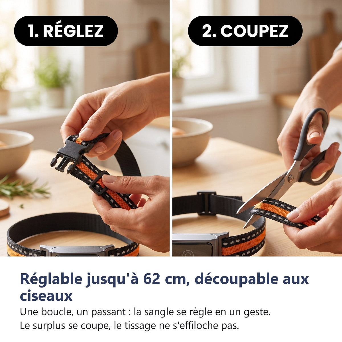 Reglable jusqu'a 62 cm, decoupable aux ciseaux