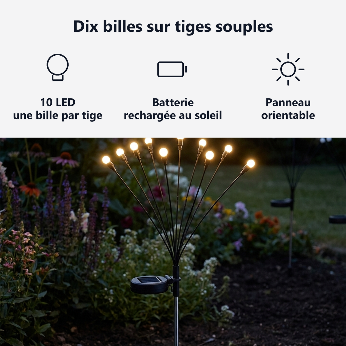 Dix billes lumineuses sur des tiges souples