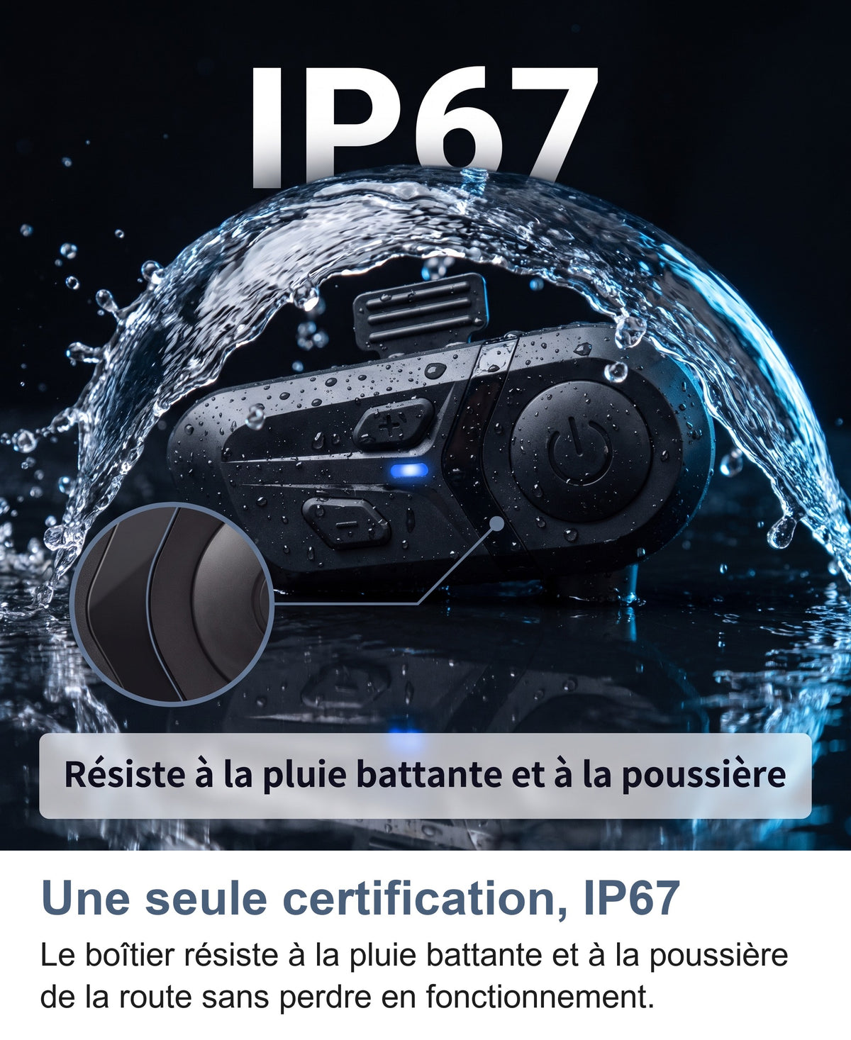 Intercom Bluetooth certifié IP67, résistant à la pluie battante et à la poussière