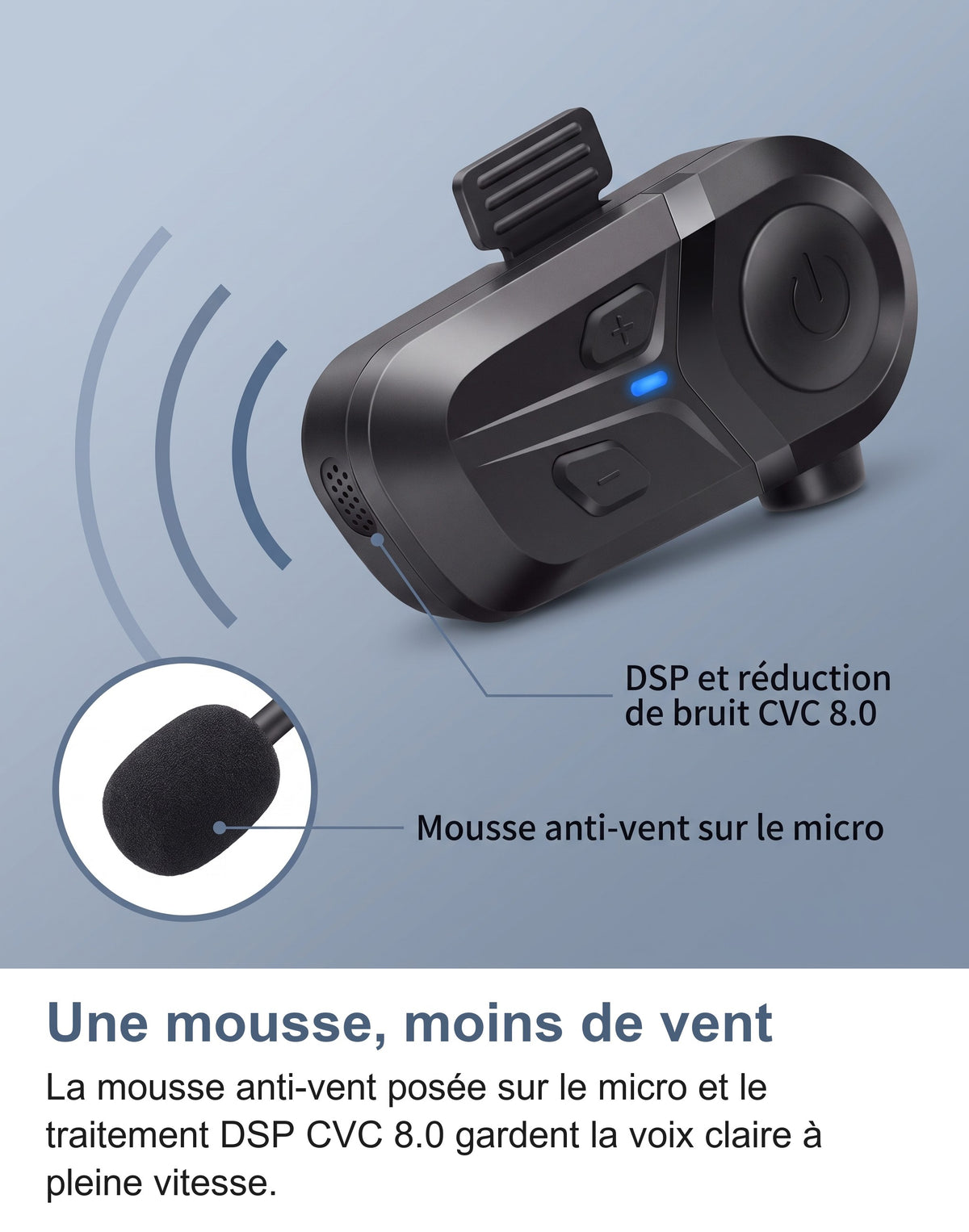 Mousse anti-vent sur le micro et réduction de bruit DSP CVC 8.0