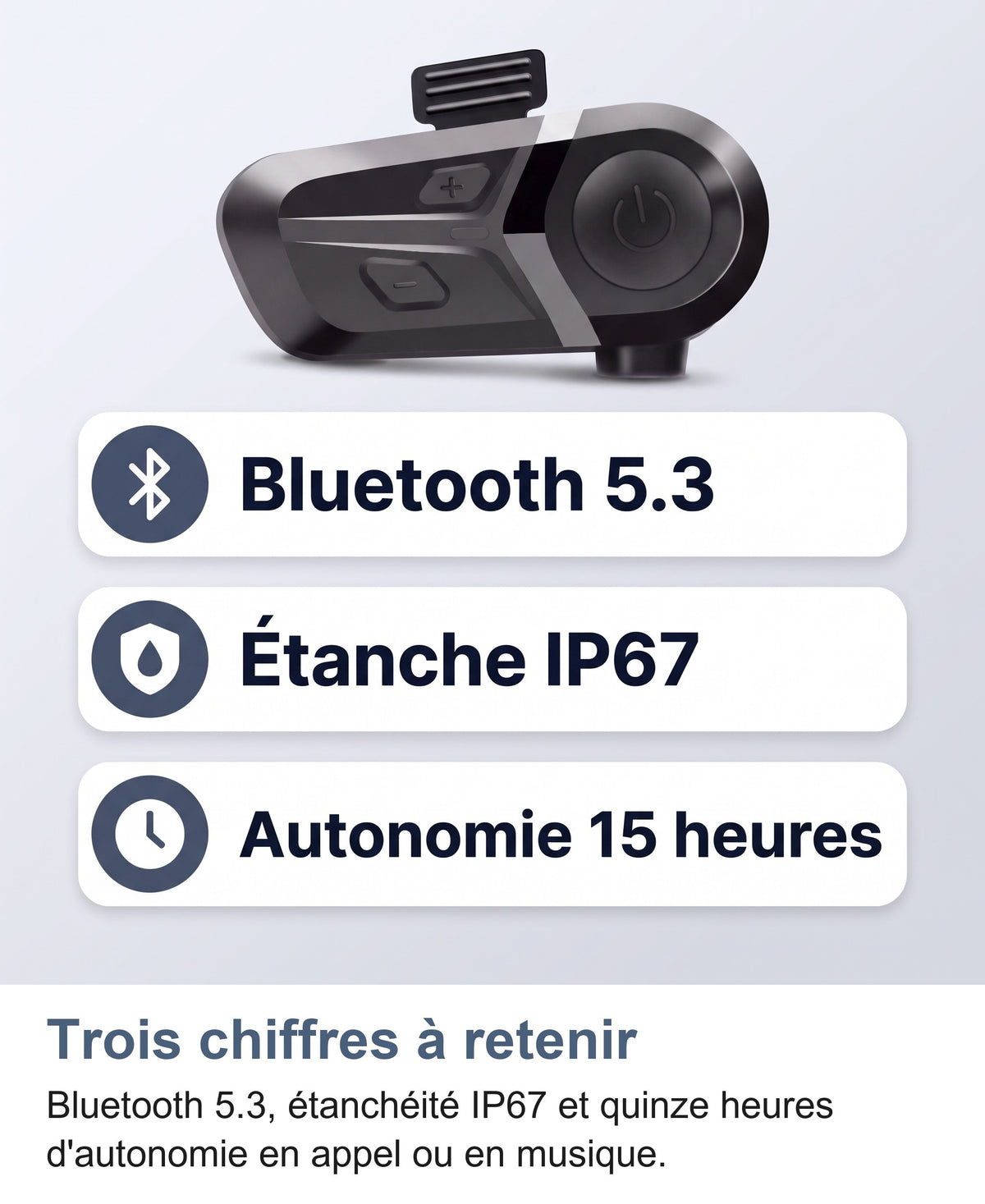 Récapitulatif : Bluetooth 5.3, étanche IP67, autonomie 15 heures