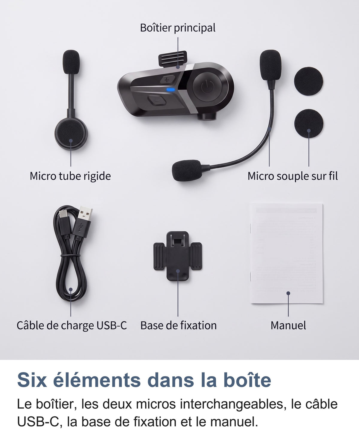 Contenu de la boîte : boîtier, micro tube rigide, micro souple, câble USB-C, base, manuel