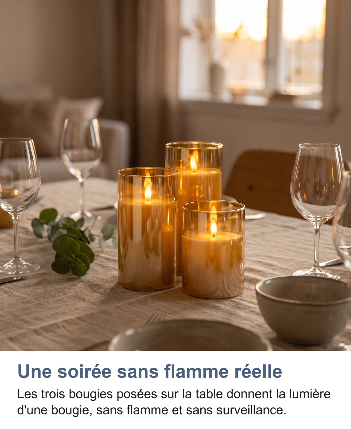Les trois bougies LED posées sur une table à dîner, ambiance chaleureuse