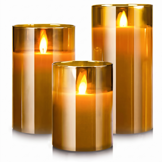 Lot de 3 bougies LED sans flamme, verre ambre doré, flammes allumées