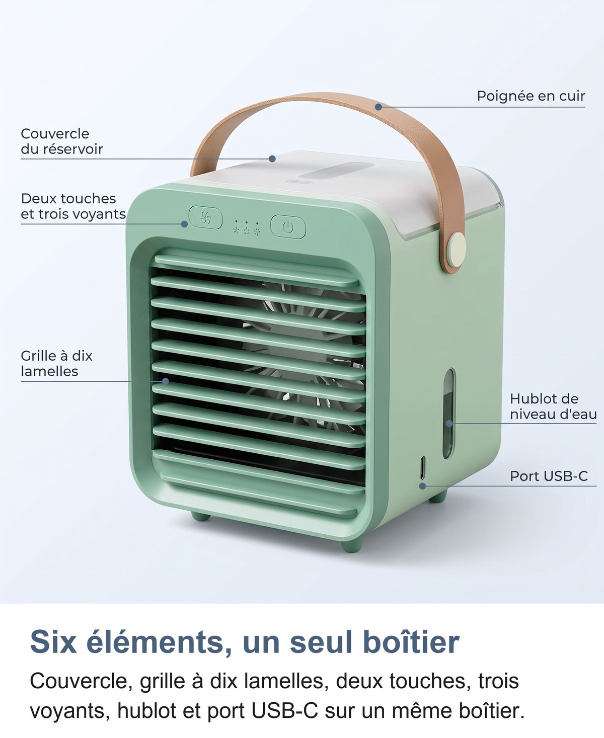 Mini climatiseur vert menthe avec six légendes sur ses éléments