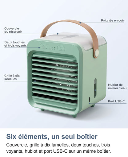 Mini climatiseur vert menthe avec six légendes sur ses éléments