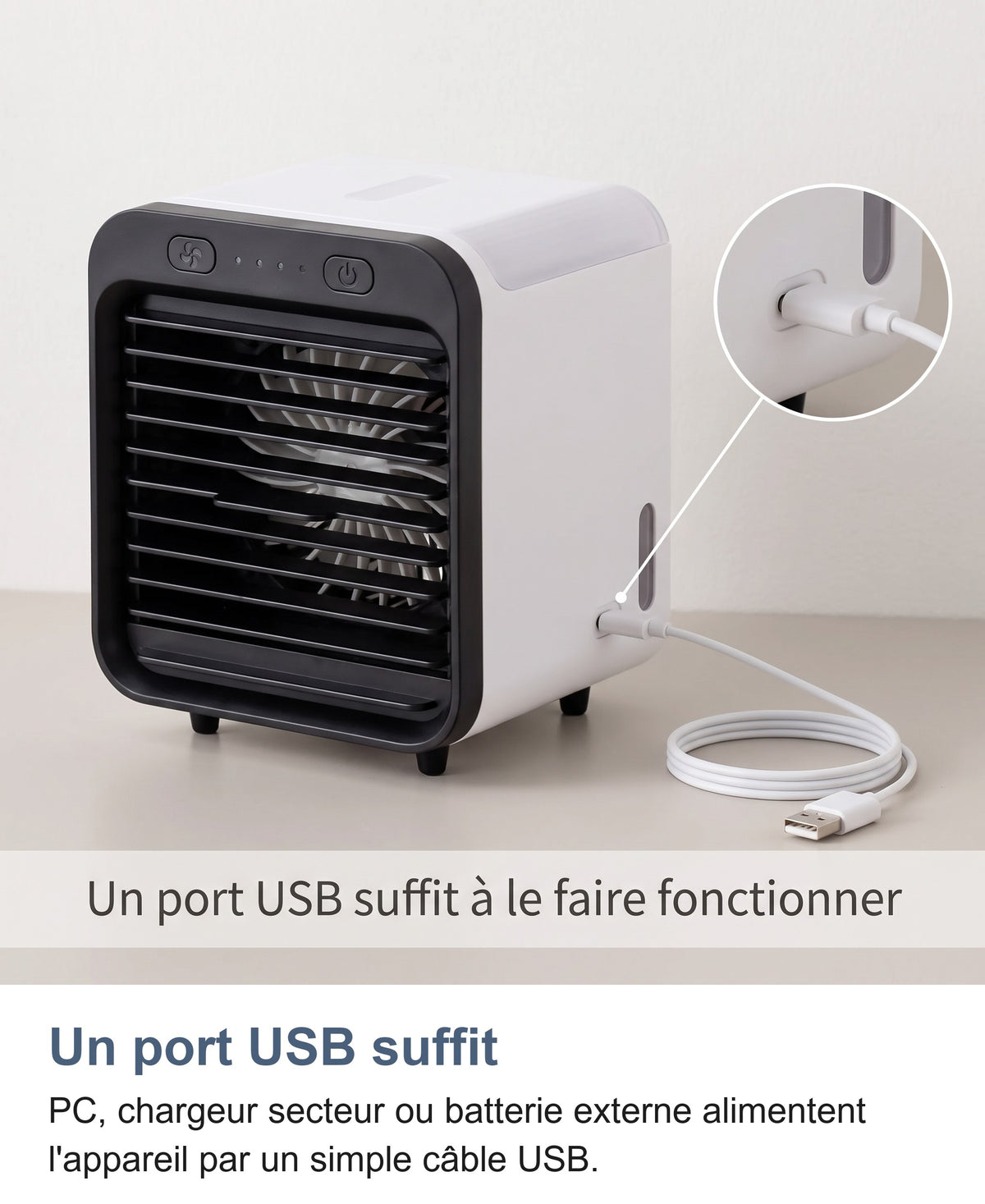 Mini climatiseur relié par câble USB, zoom sur le port USB-C