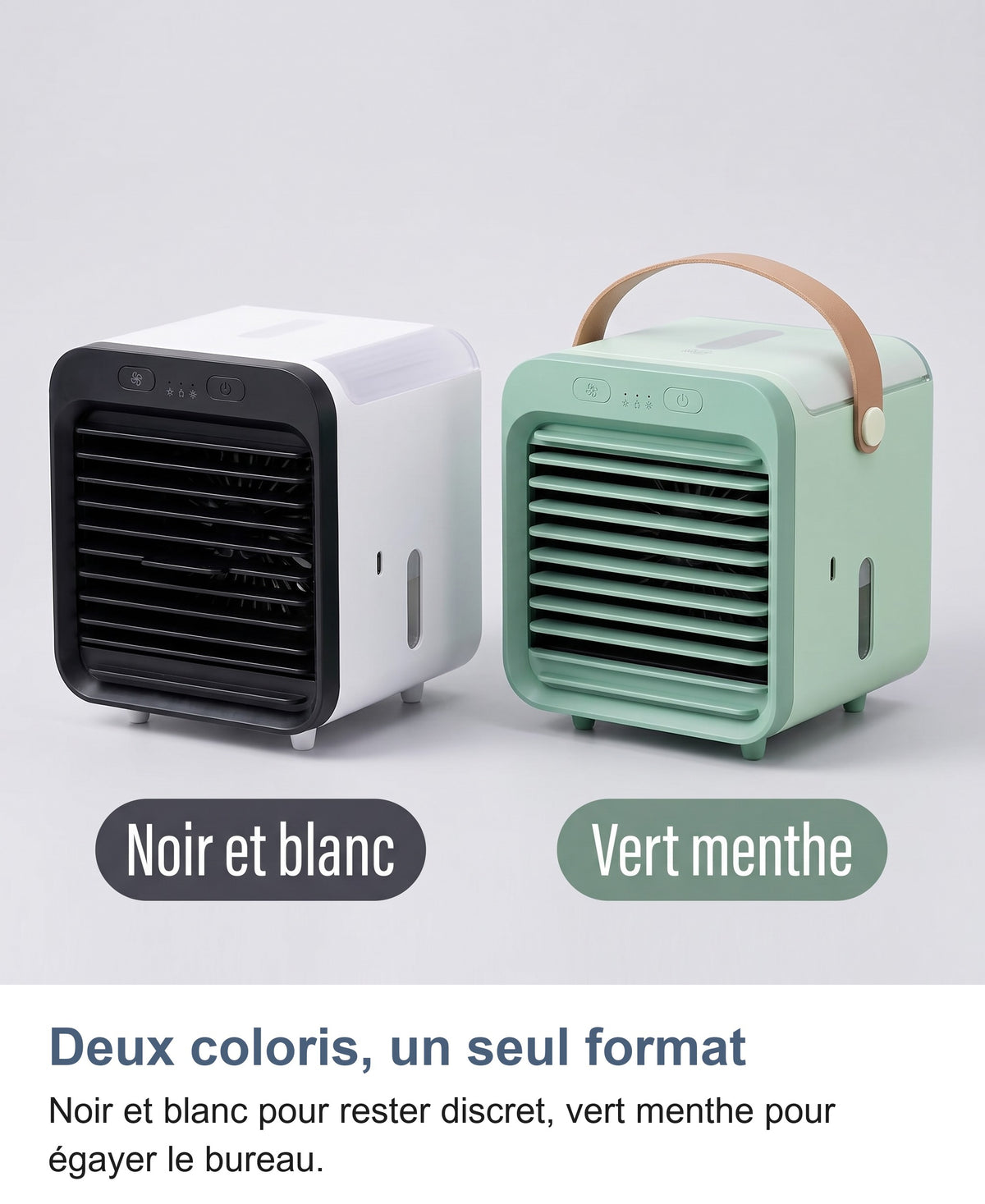 Mini climatiseur portable en noir et blanc et en vert menthe