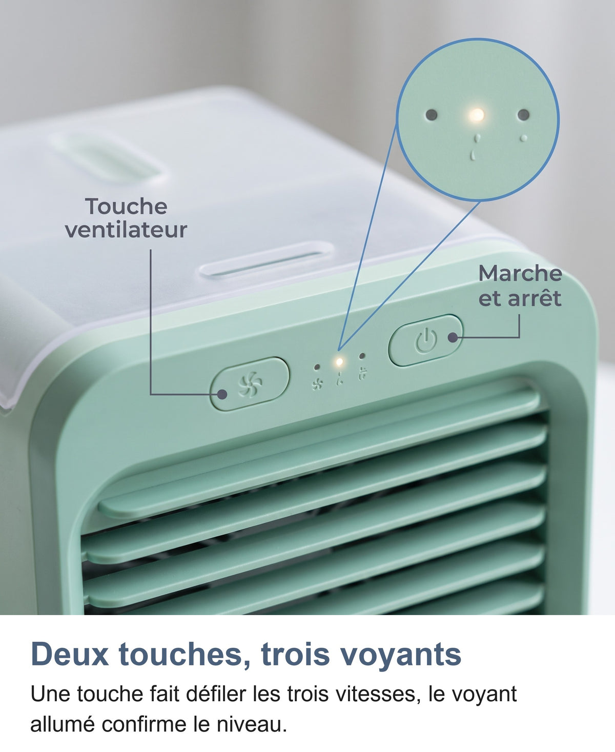 Macro des deux touches et des trois voyants du mini ventilateur brumisateur