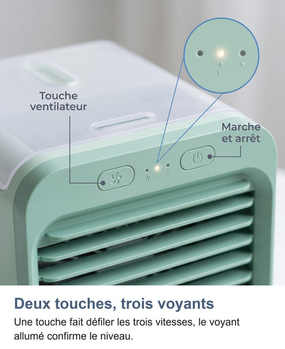 Macro des deux touches et des trois voyants du mini ventilateur brumisateur