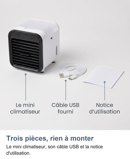 Contenu de la boîte : mini climatiseur, câble USB et notice