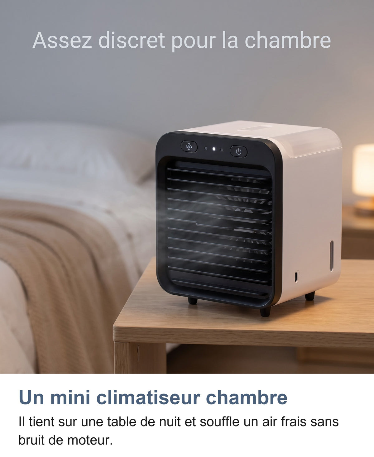 Mini climatiseur chambre posé sur une table de nuit le soir