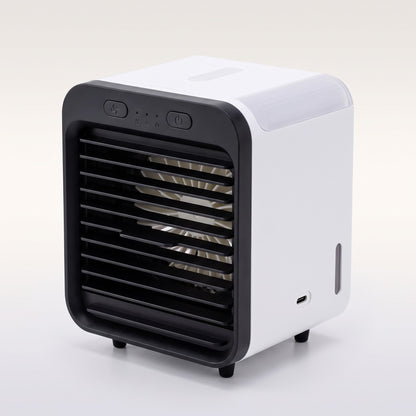 Mini climatiseur portable USB noir et blanc, vue trois quarts