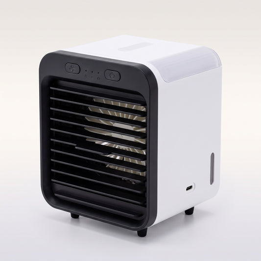Mini climatiseur portable USB noir et blanc, vue trois quarts