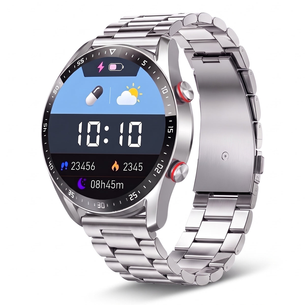 Montre connectée ronde homme, bracelet acier argent