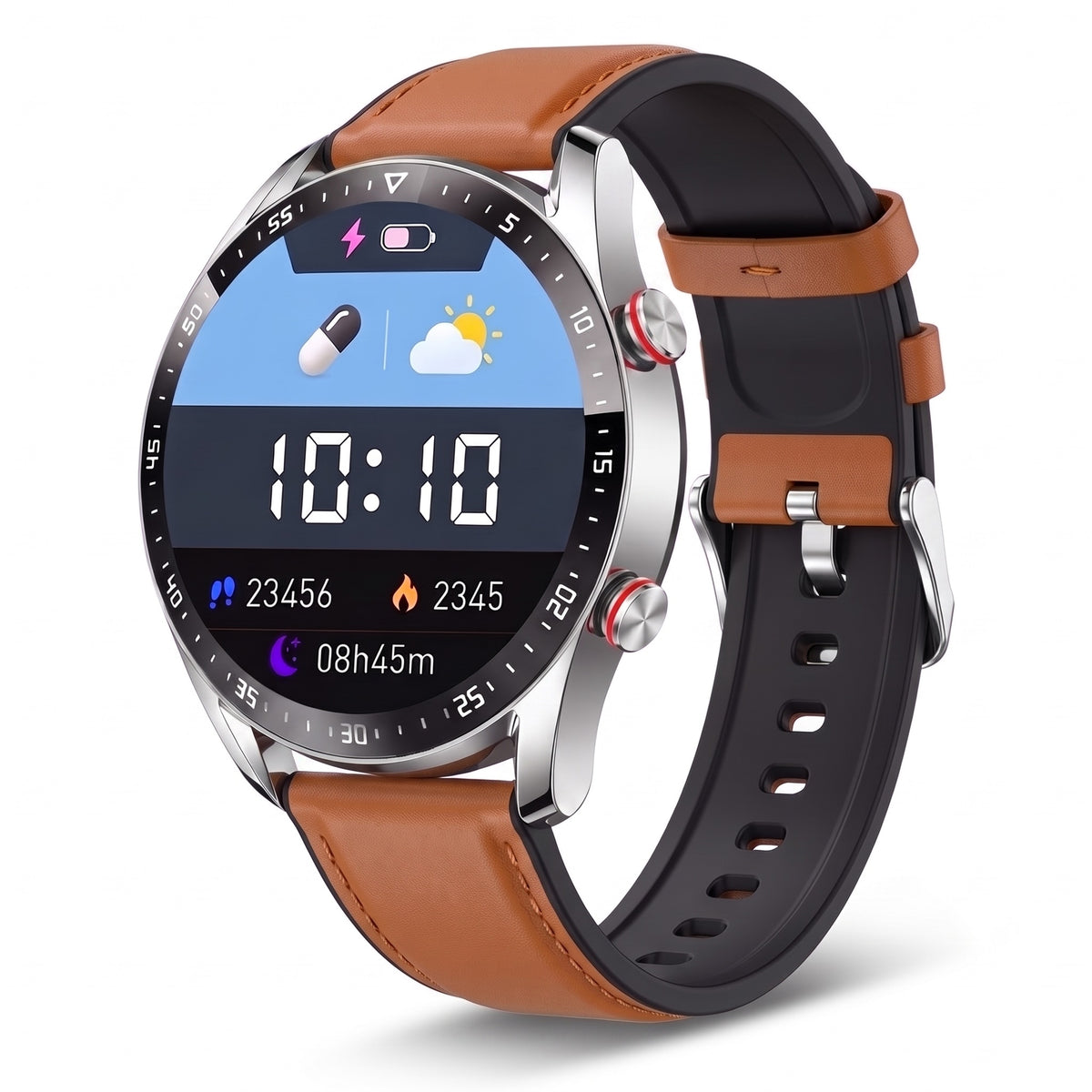 Montre connectée ronde homme, bracelet cuir marron