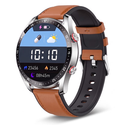 Montre connectée ronde homme, bracelet cuir marron