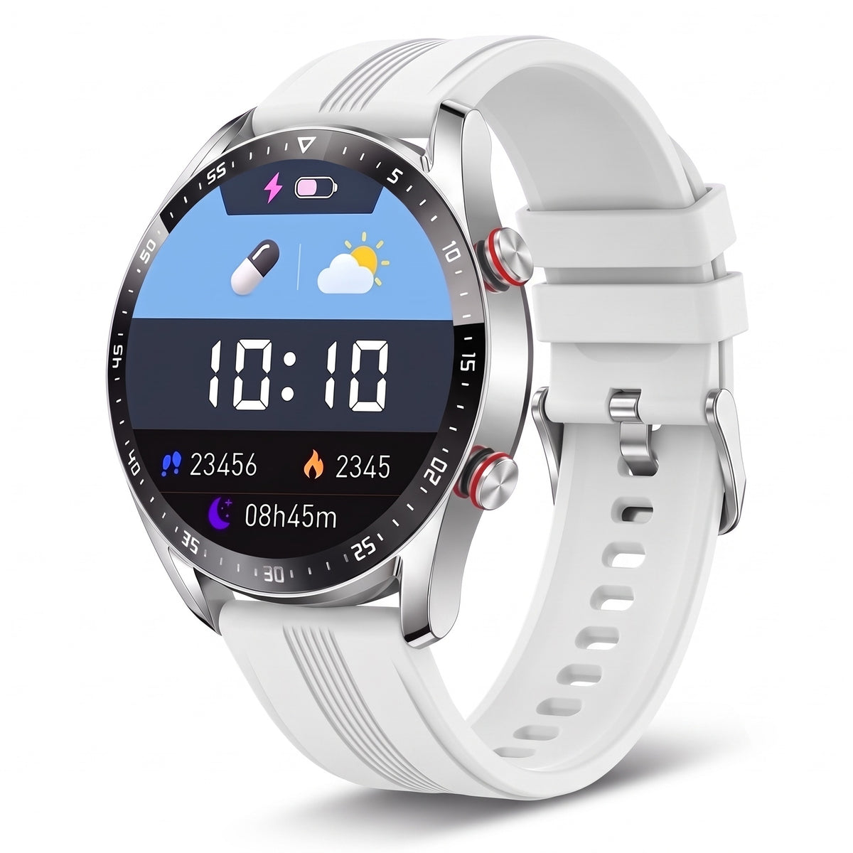 Montre connectée ronde homme, bracelet silicone blanc