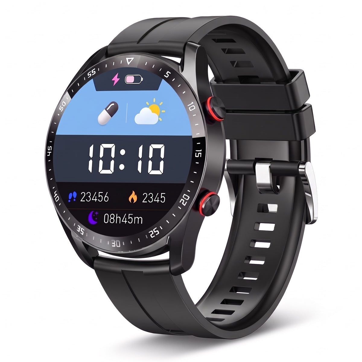 Montre connectée ronde homme, bracelet silicone noir