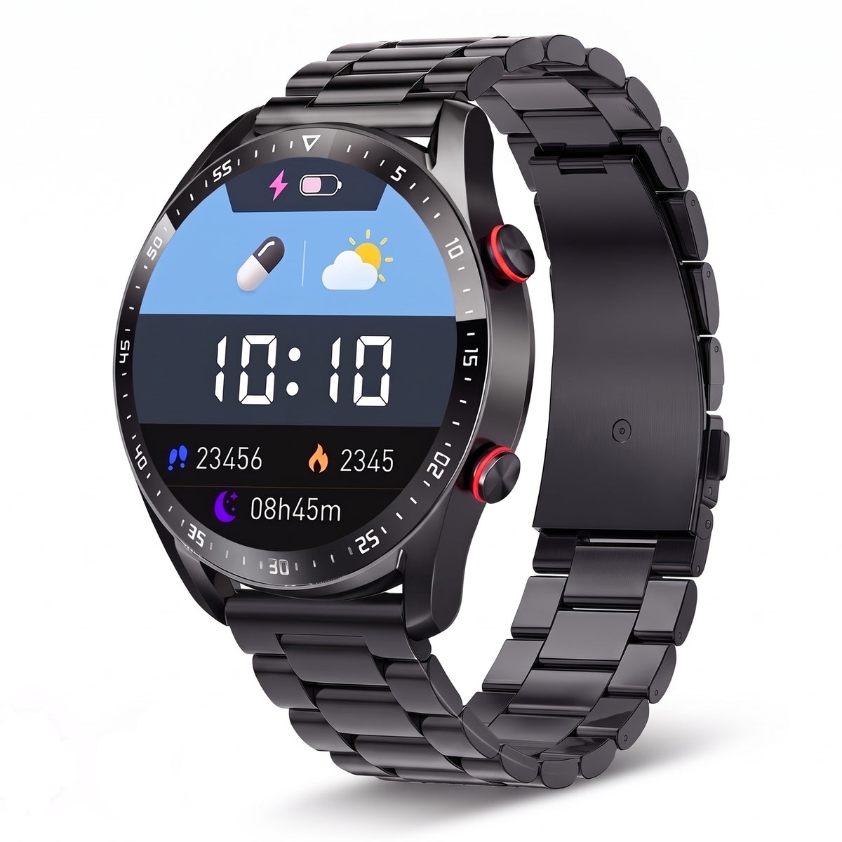 Montre connectée ronde homme, bracelet acier noir