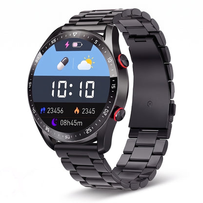 Montre connectée ronde homme, bracelet acier noir