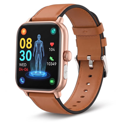 Montre connectée santé homme et femme, bracelet cuir marron, écran carré 1,96 pouces
