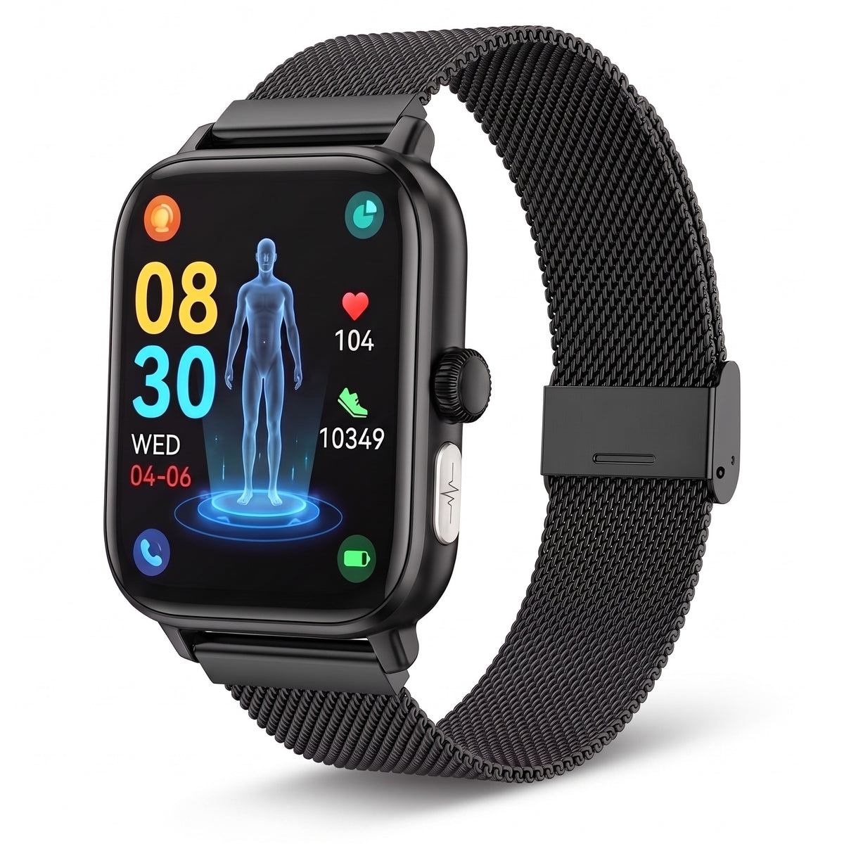 Montre connectée santé homme et femme, bracelet milanais noir, écran carré 1,96 pouces