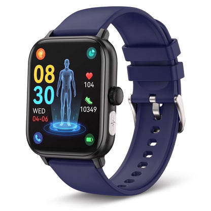 Montre connectée santé homme et femme, bracelet silicone bleu, écran carré 1,96 pouces