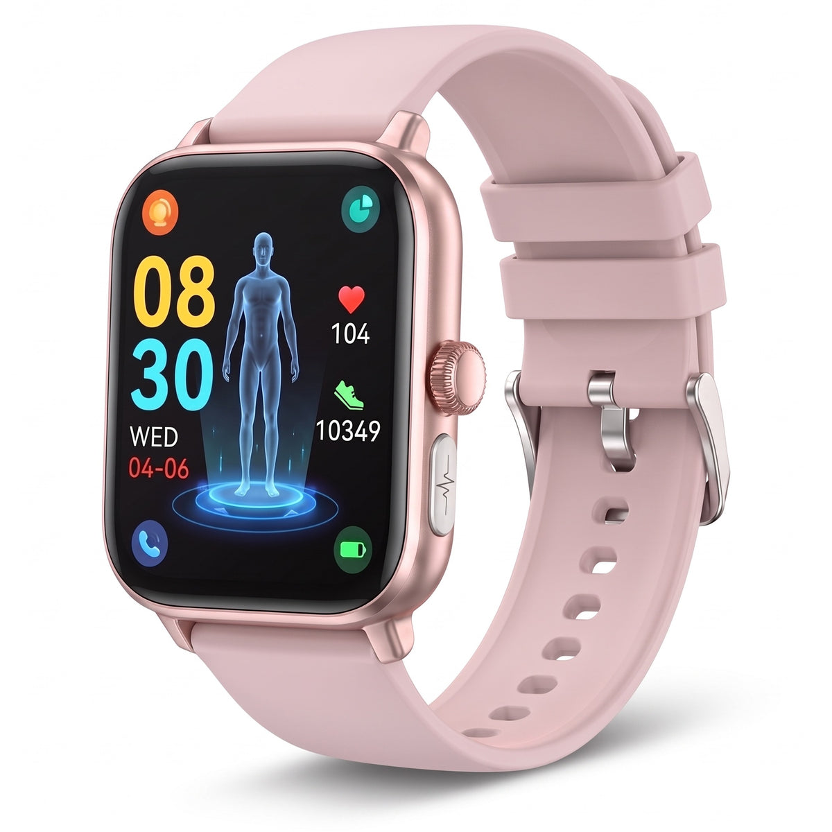 Montre connectée santé homme et femme, bracelet silicone rose, écran carré 1,96 pouces