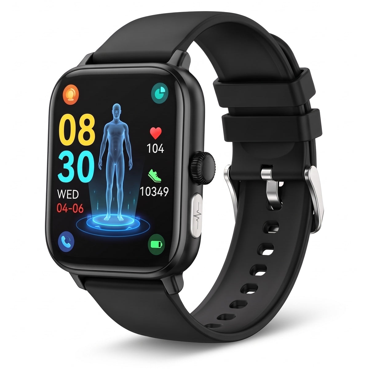 Montre connectée santé homme et femme, bracelet silicone noir, écran carré 1,96 pouces