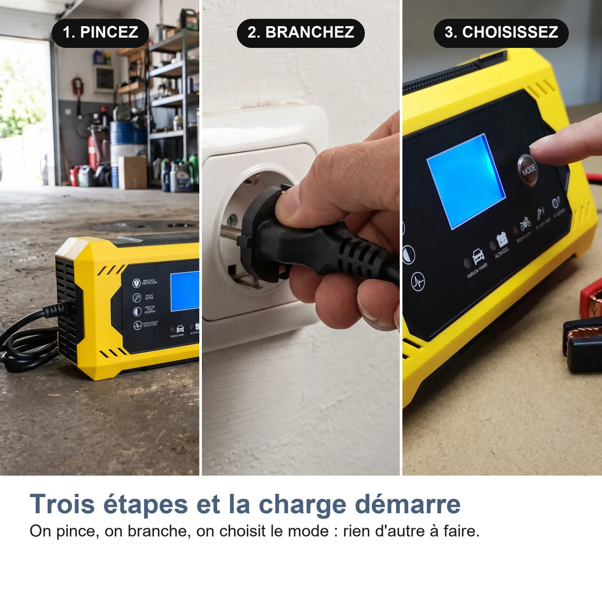 Trois étapes et la charge démarre