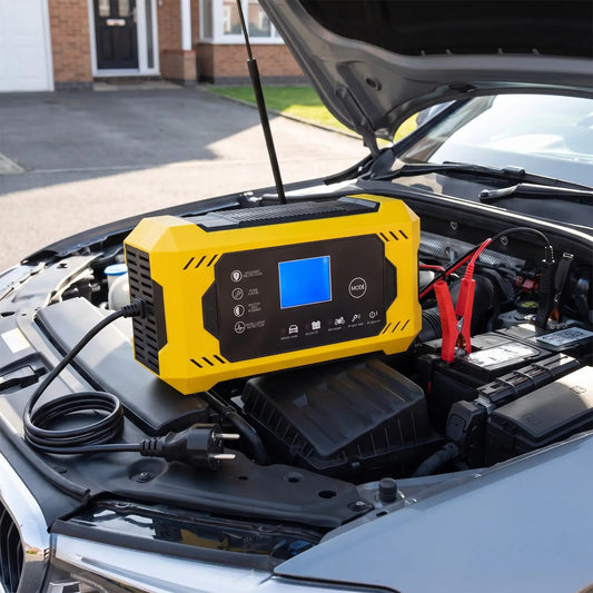 Chargeur de batterie voiture 12V branché sur la batterie d'une voiture, capot ouvert